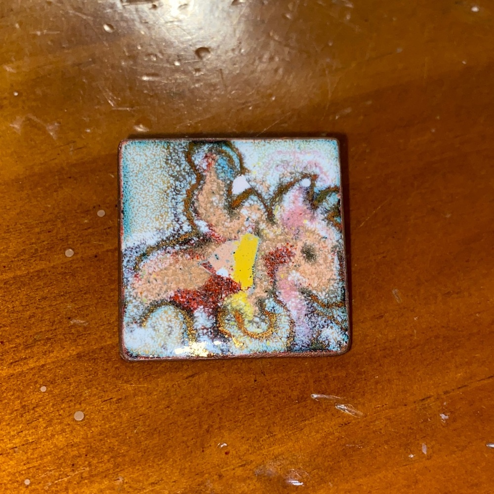 Abstract Vintage Copper Enamel Brooch/Pin signed Leonora